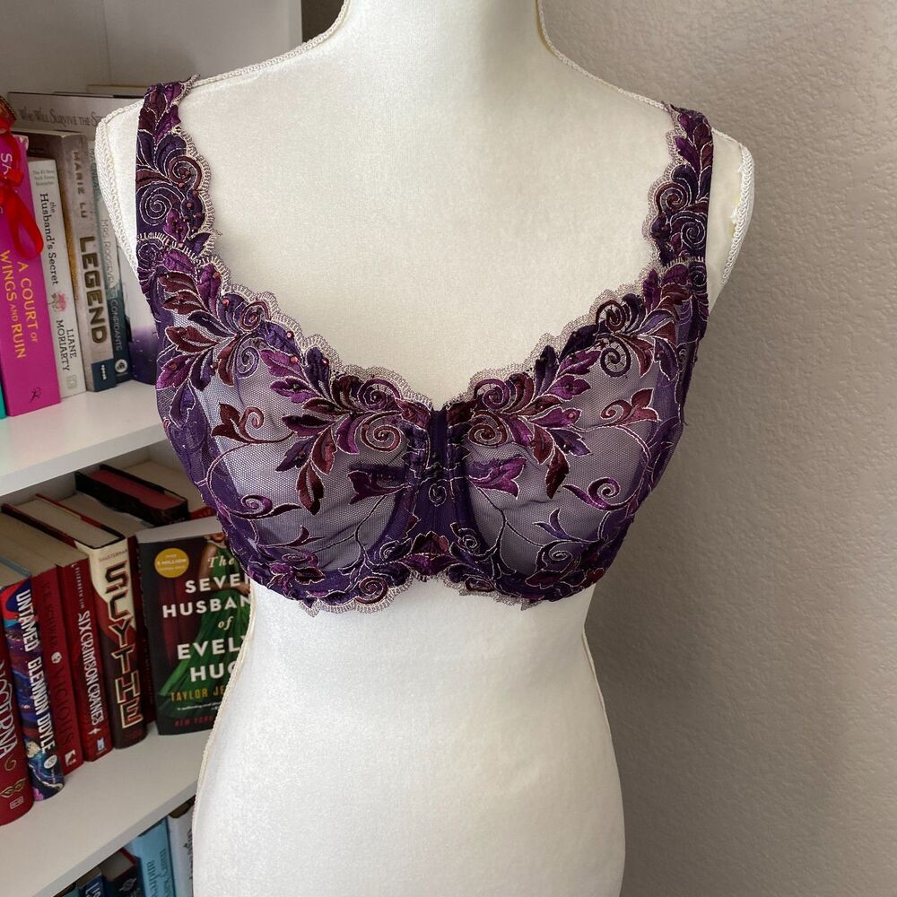 Soma Sensuous Purple Lace Purple Metallic Rhinestone Illusion Unlined Bra 36DDD